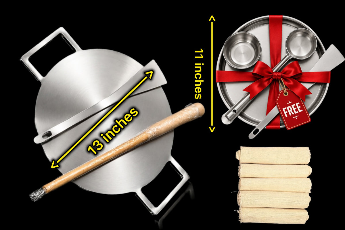 13 Inch Double Handle Fully Seasoned Iron Dosa Tawa +(FREE)Magic Wand + FREE Spatula + Magic Wand Cloth (Pack of 5)