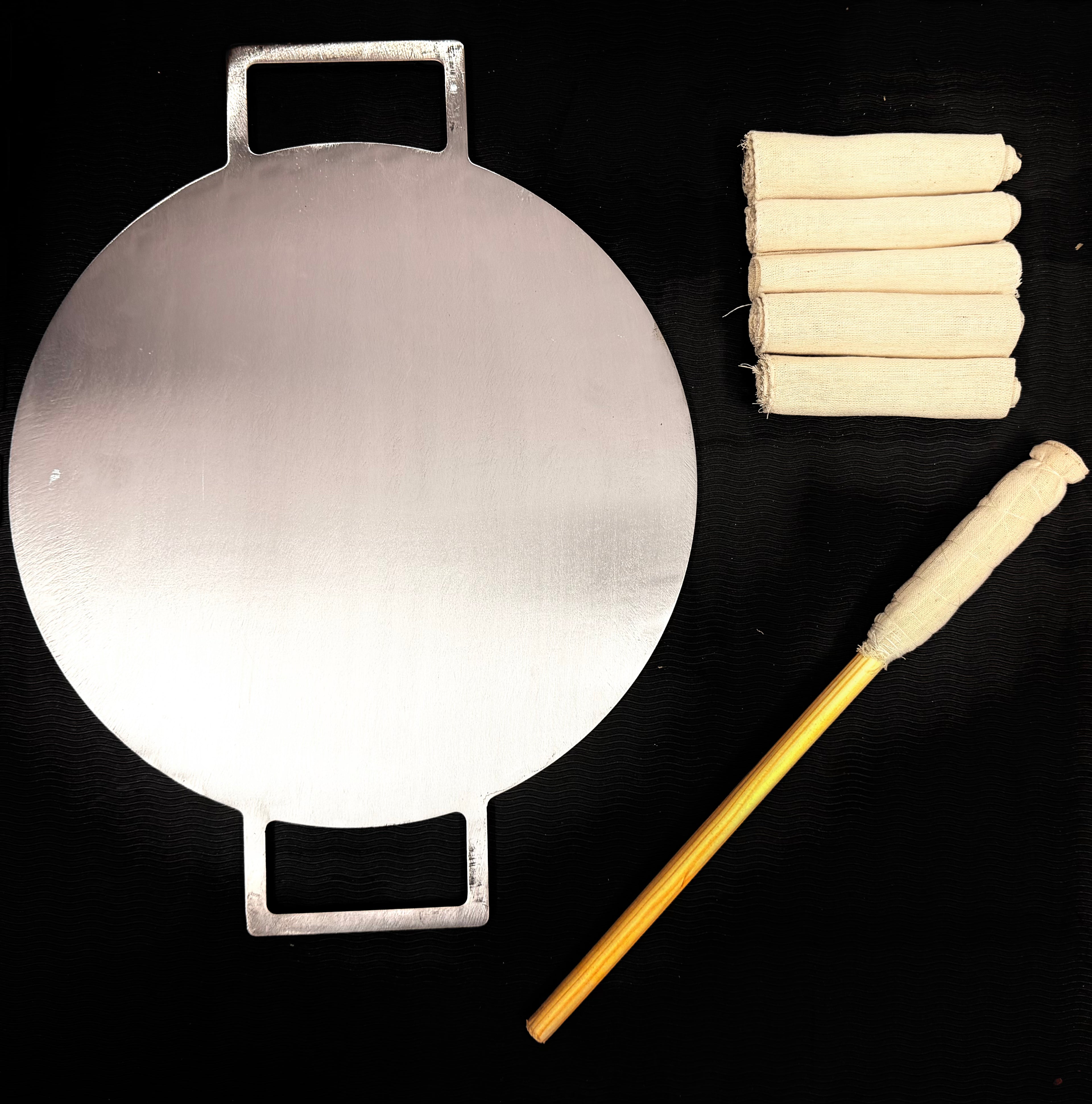 13 Inch Double Handle Fully Seasoned Iron Dosa Tawa +(FREE) Magic Wand + Magic Wand Cloth (Pack of 5)
