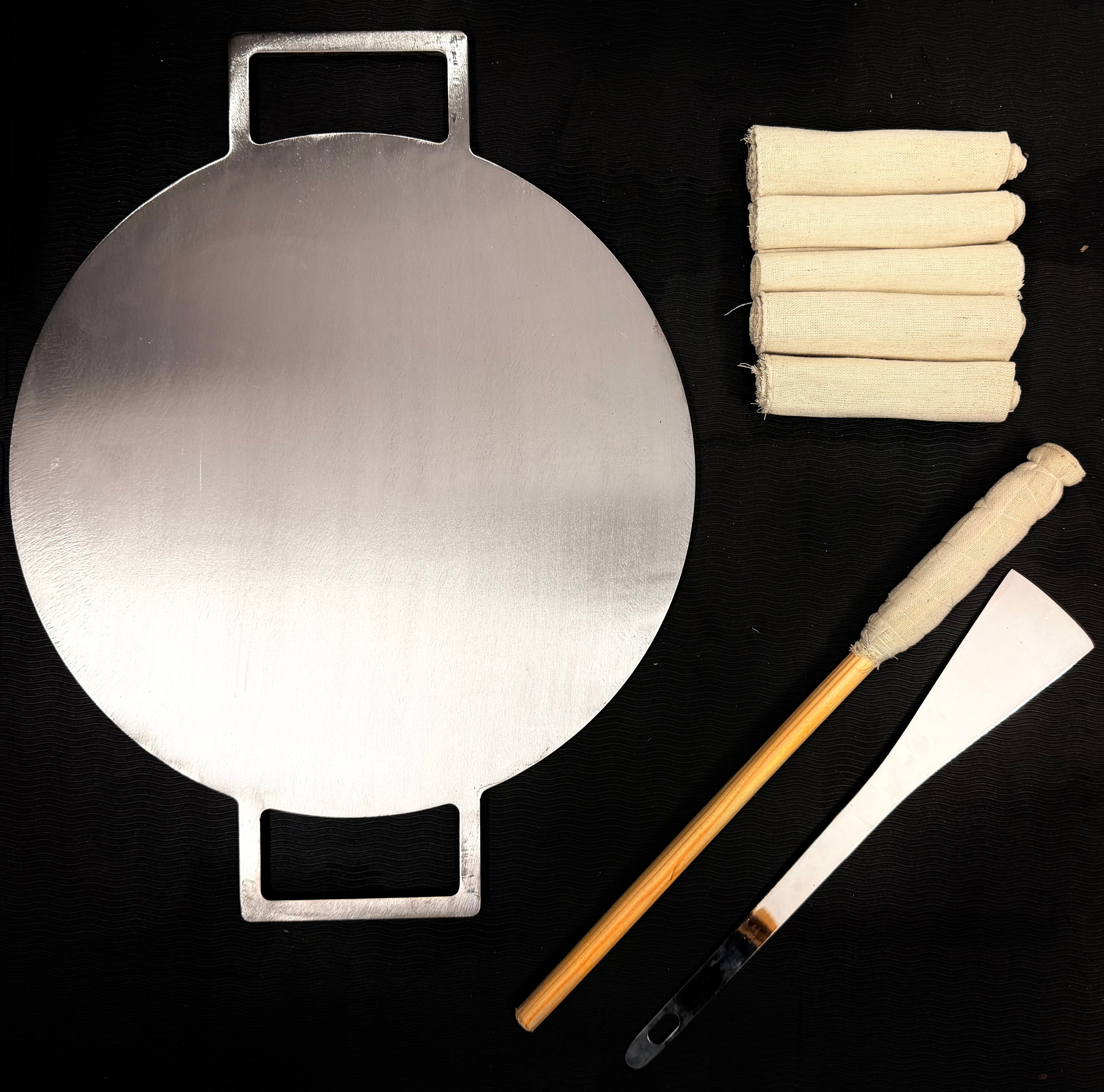 13 Inch Double Handle Fully Seasoned Iron Dosa Tawa +(FREE)Magic Wand + Spatula + Magic Wand Cloth (Pack of 5)