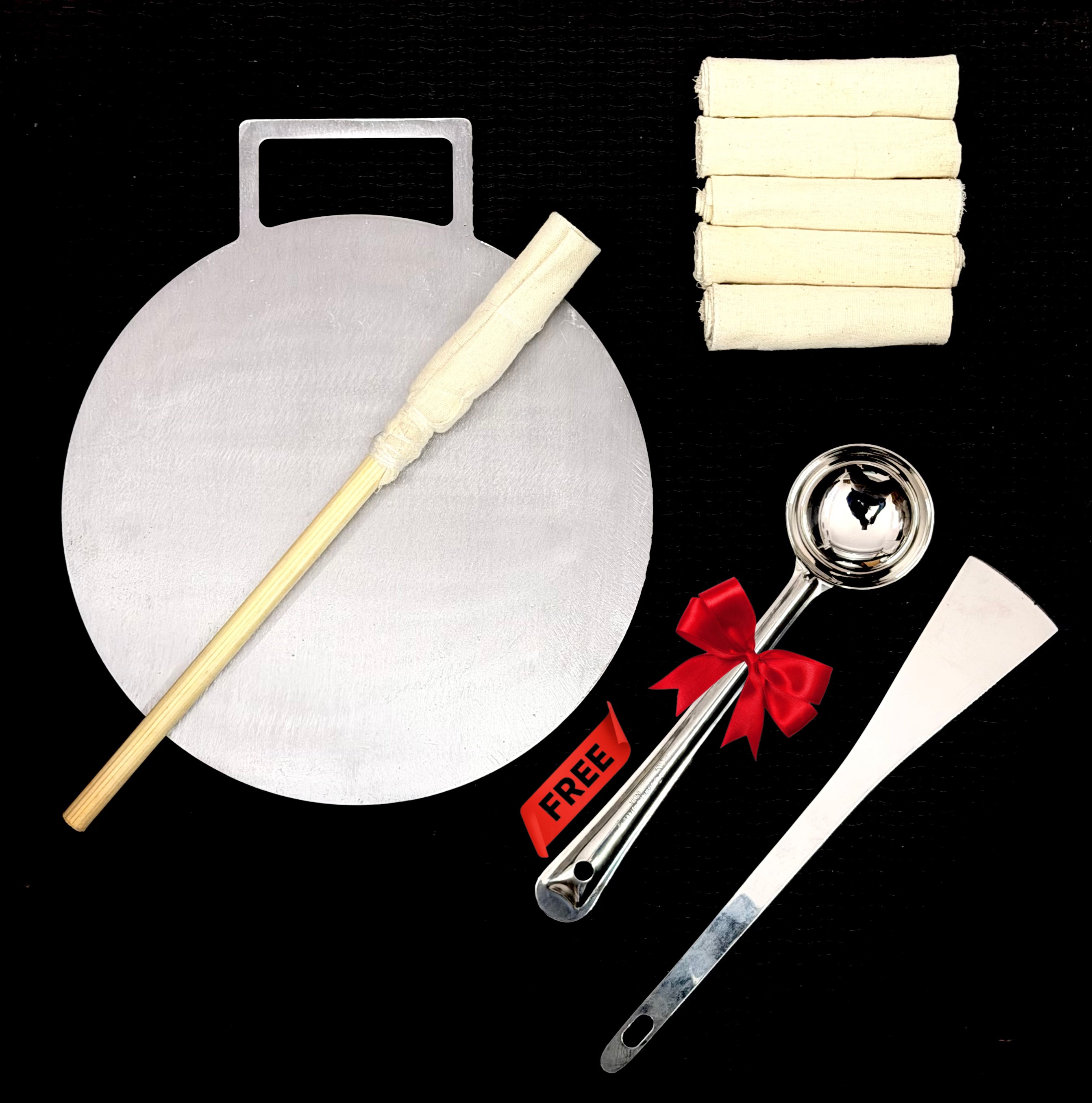 11.5 Inch Single Handle Fully Seasoned Pure Iron Dosa Tawa  +Pack of 5 Magic Wand Cloth + FREE Ladle గరిట+FREE Spatula(అట్లకాడ) (FREE)Magic Wand
