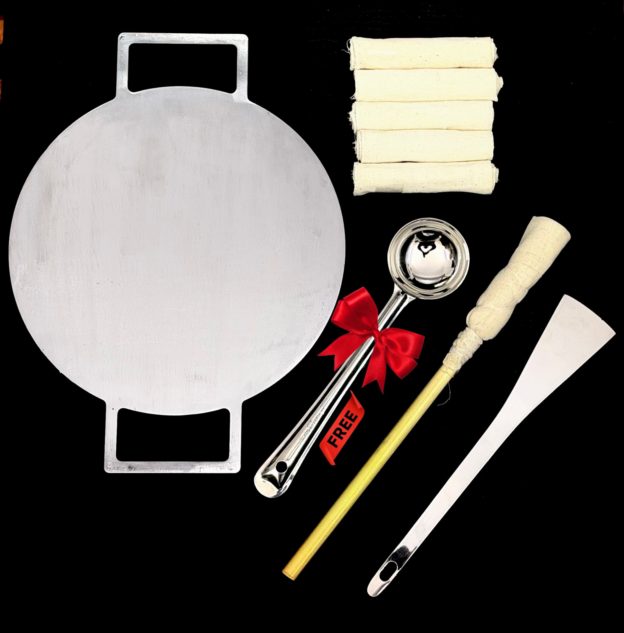 11.5 Inch Double Handle Fully Seasoned Pan + Magic Wand Cloth (Pack of 5) + FREE Ladle గరిట+FREE Spatula(అట్లకాడ) + (FREE)Magic Wand