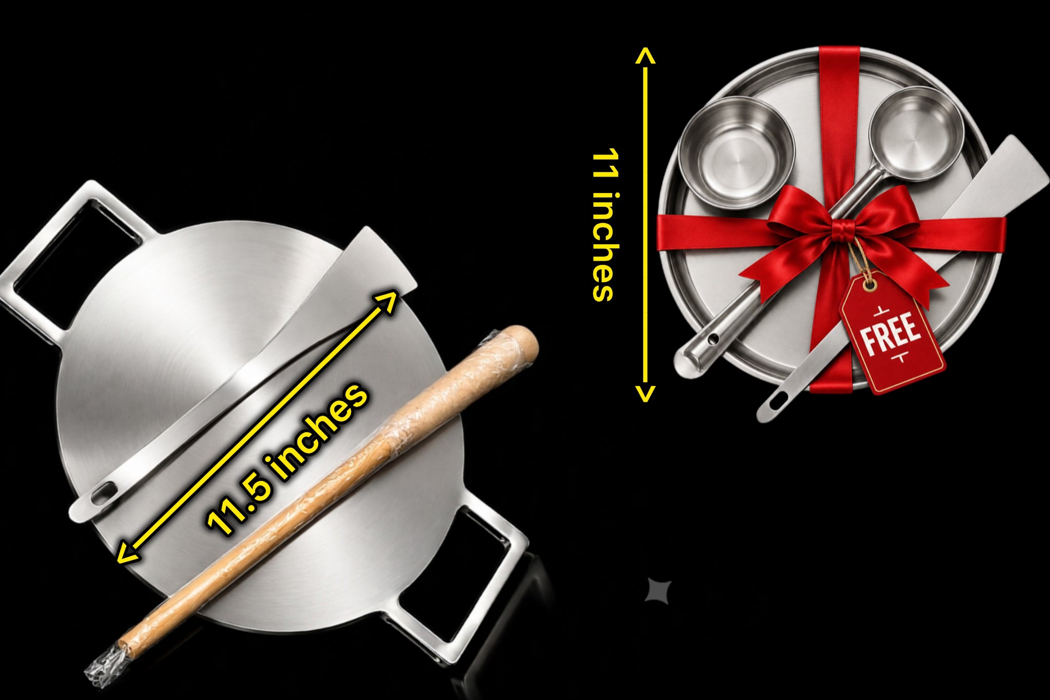 11.5 Inch Double Handle Fully Seasoned Dosa Pan + Spatula (అట్లకాడ)+ (FREE) Magic Wand