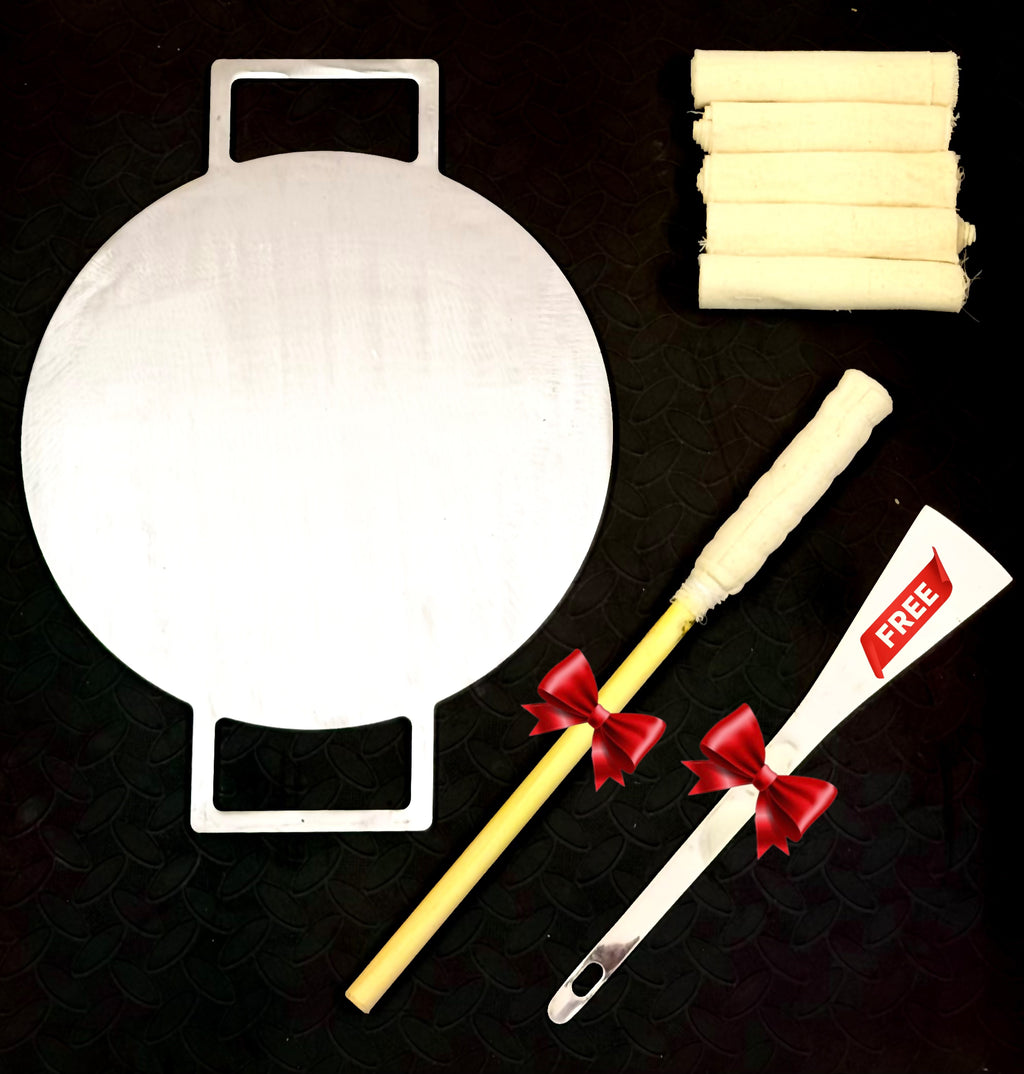 13 Inch Double Handle Fully Seasoned Iron Dosa Tawa +(FREE)Magic Wand + FREE Spatula + Magic Wand Cloth (Pack of 5)